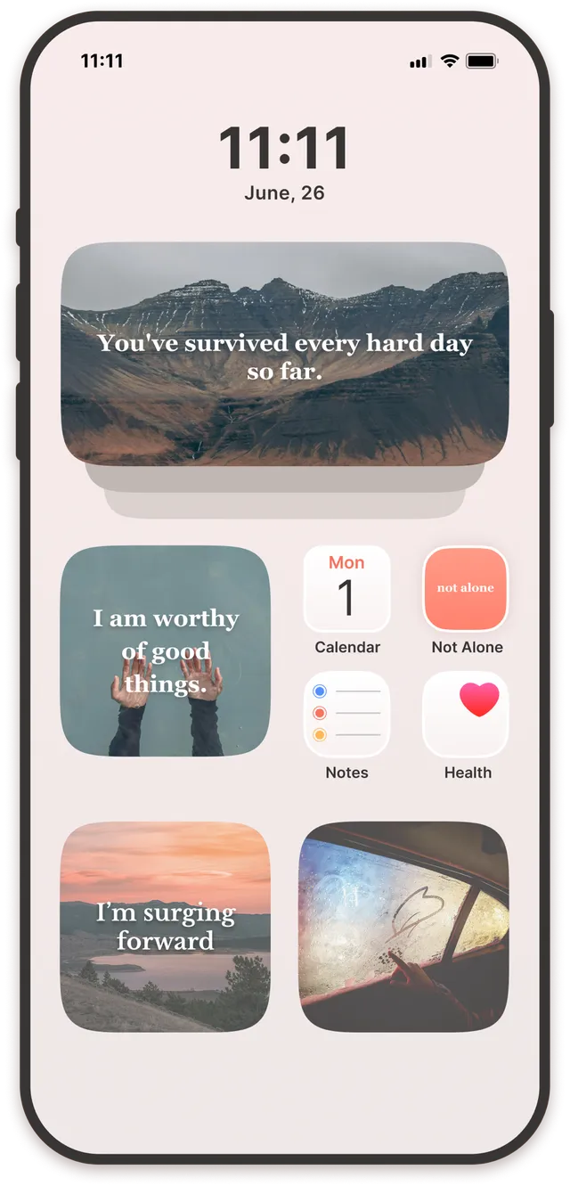 not alone Home and Lock Screen widgets showing daily affirmations